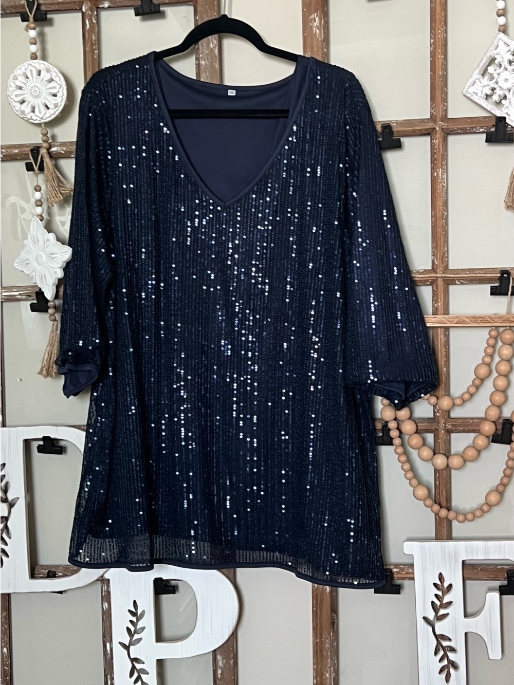 Women's Navy Sequin V-Neck Top